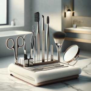 כלי עיצוב גבות כמו פינצטה, מספריים, מסרק גבות ועיפרון מוצגים בצורה מסודרת על מגבת לבנה, ליד מראה קטנה, מתאים למאמר בנושא עיצוב גבות בבית