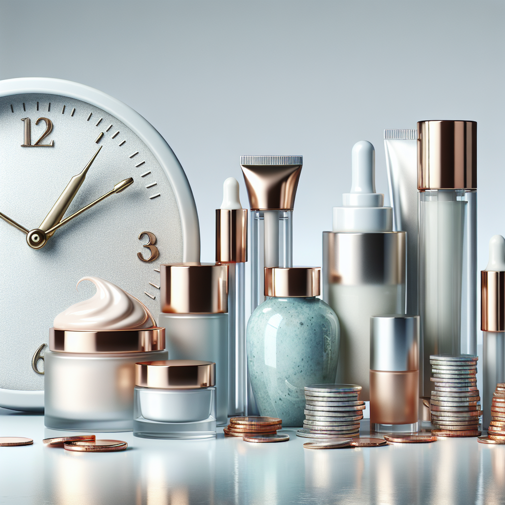 מוצרי אנטי אייג'ינג חדשניים כמו סרומים וקרמים, לצד שעון ומטבעות המדגישים חיסכון בזמן וכסף, על רקע נקי ומודרני
