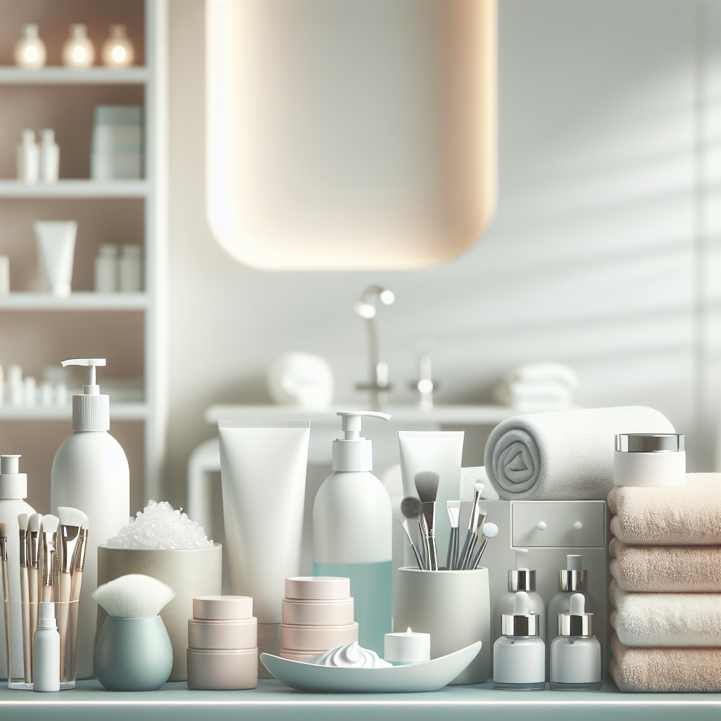 מבחר מוצרי ניקוי פנים מקצועיים מסודרים בקליניקת קוסמטיקאית מודרנית, עם רקע נעים ונקי הממחיש טיפול ניקוי פנים מקצועי ואווירת טיפוח