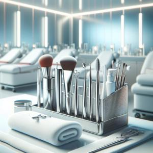 כלי קוסמטיקה מקצועיים מסודרים על מגבת לבנה בקליניקה מודרנית, הממחישים ניקוי פנים מקצועי אצל קוסמטיקאית