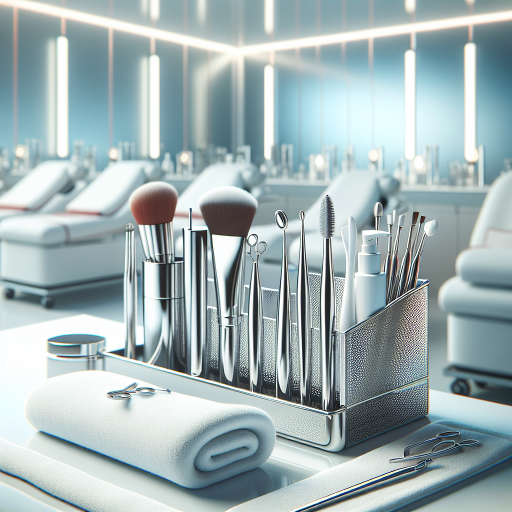 כלי קוסמטיקה מקצועיים מסודרים על מגבת לבנה בקליניקה מודרנית, הממחישים ניקוי פנים מקצועי אצל קוסמטיקאית