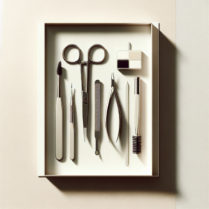 כלי עיצוב גבות מקצועיים כגון פינצטה, מספריים, מברשת ועיפרון, מוצגים על רקע בהיר ואסתטי להמחשת פתרונות מובילים בתחום עיצוב הגבות.