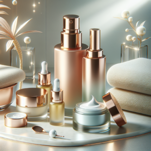 מוצרי טיפוח פנים מקצועיים מסודרים בצורה אסתטית על מגבת ורקע בהיר, עם תאורה רכה שמדגישה את הברק והלחות – מסמל טיפול פנים איכותי לעור קורן ובריא