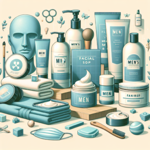 מגוון מוצרי טיפול פנים לגבר כמו קרמים, מסכה ומגבת על רקע מודרני. התמונה מיועדת להמחיש שגרת טיפוח עור הפנים הגברי ולסייע בהסברת יתרונות טיפול פנים לגבר.