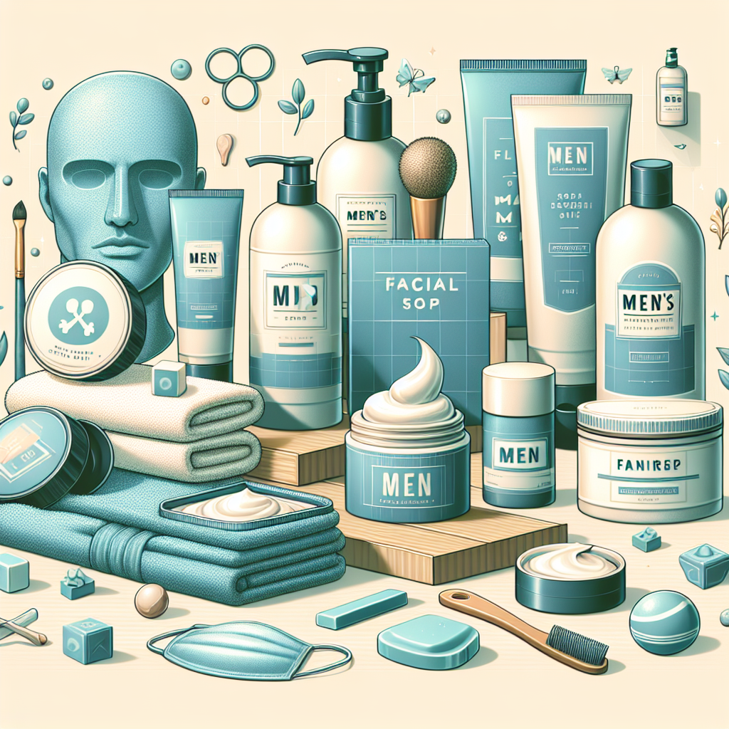 מגוון מוצרי טיפול פנים לגבר כמו קרמים, מסכה ומגבת על רקע מודרני. התמונה מיועדת להמחיש שגרת טיפוח עור הפנים הגברי ולסייע בהסברת יתרונות טיפול פנים לגבר.